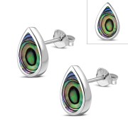 Abalone Shell Pear Shaped Drop Silver Stud Earrings, e150